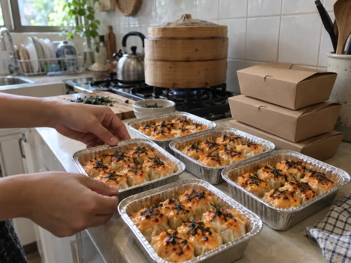 Tangan menata dimsum mentai di nampan, siap diambil