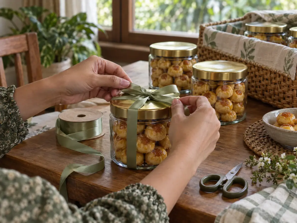Tangan mengikat pita di toples kue kering